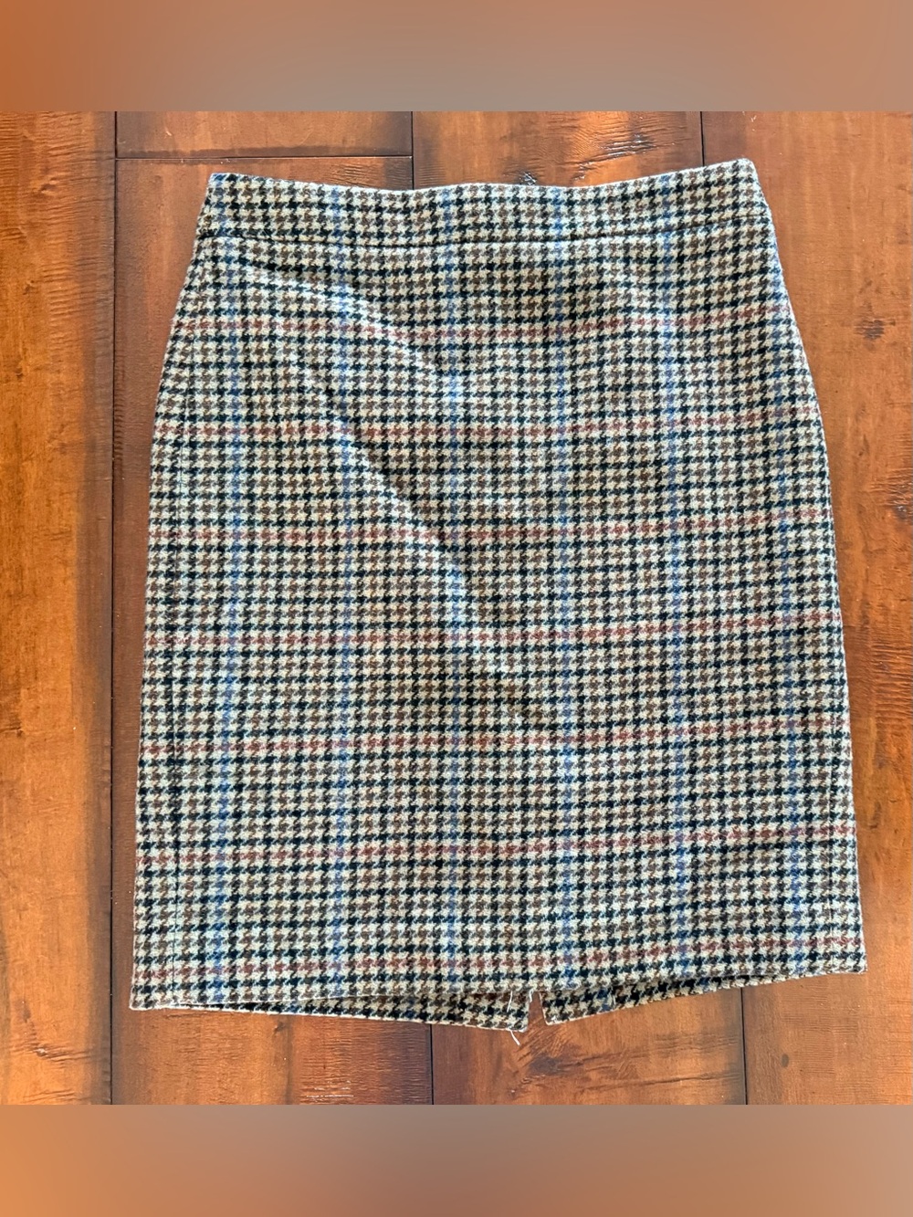 J. Crew Wool Houndstooth Pencil Skirt in Black, Cream, Blue, Red & Brown